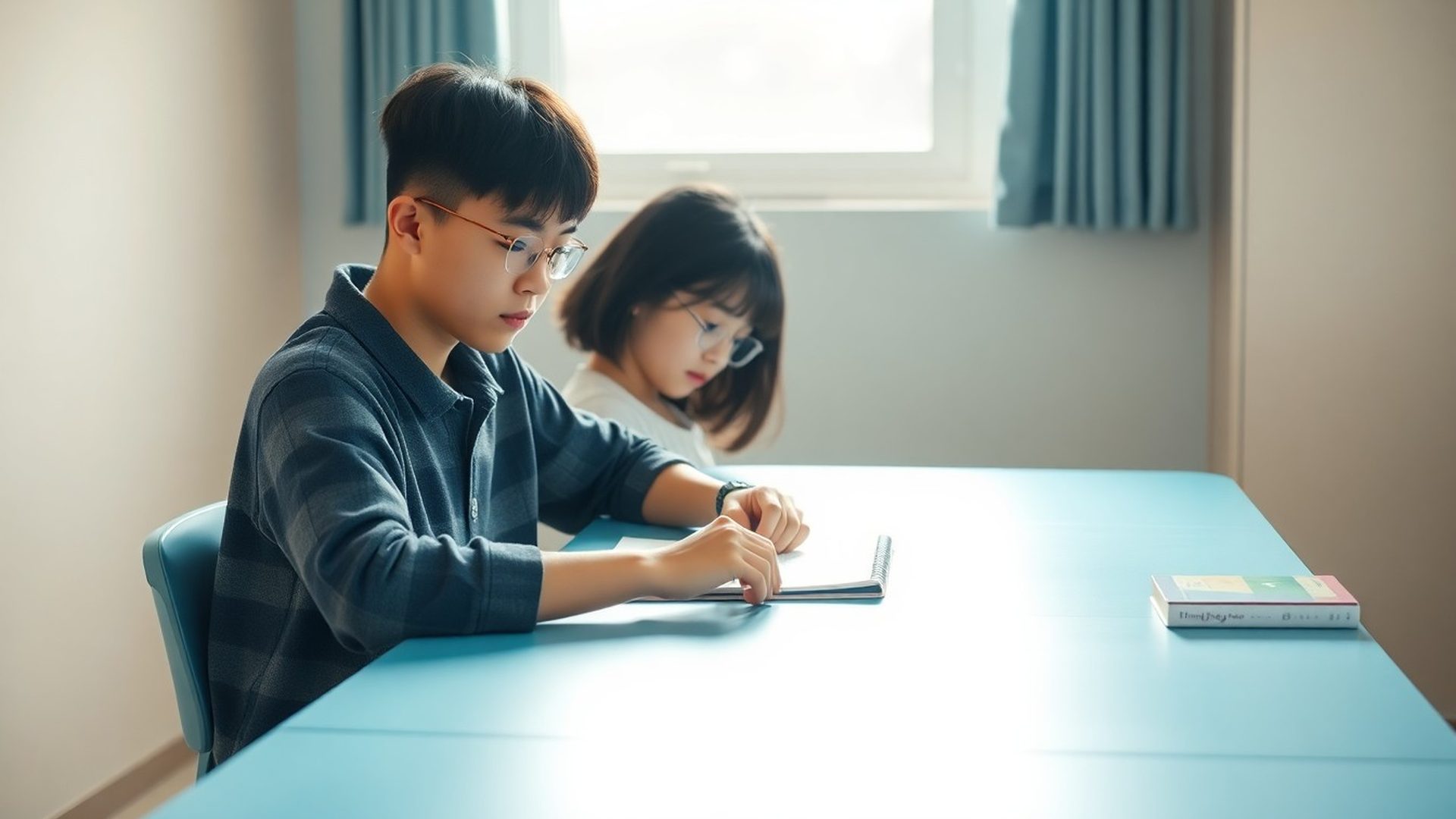 강 하우스에서 집중해 공부하는 학생